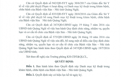 Quyết định số 402/QĐ-BVSN v/v Công khai danh mục kỹ thuật được phê duyệt của Bệnh viện Sản - Nhi tỉnh Quảng Ngãi